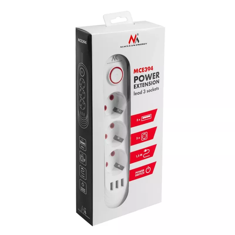 Extensão elétrica MACLEAN MCE394W — 3 tomadas, 3×USB 2,1A, 110–240V AC, 2500W, cabo de 1,5 m, branco