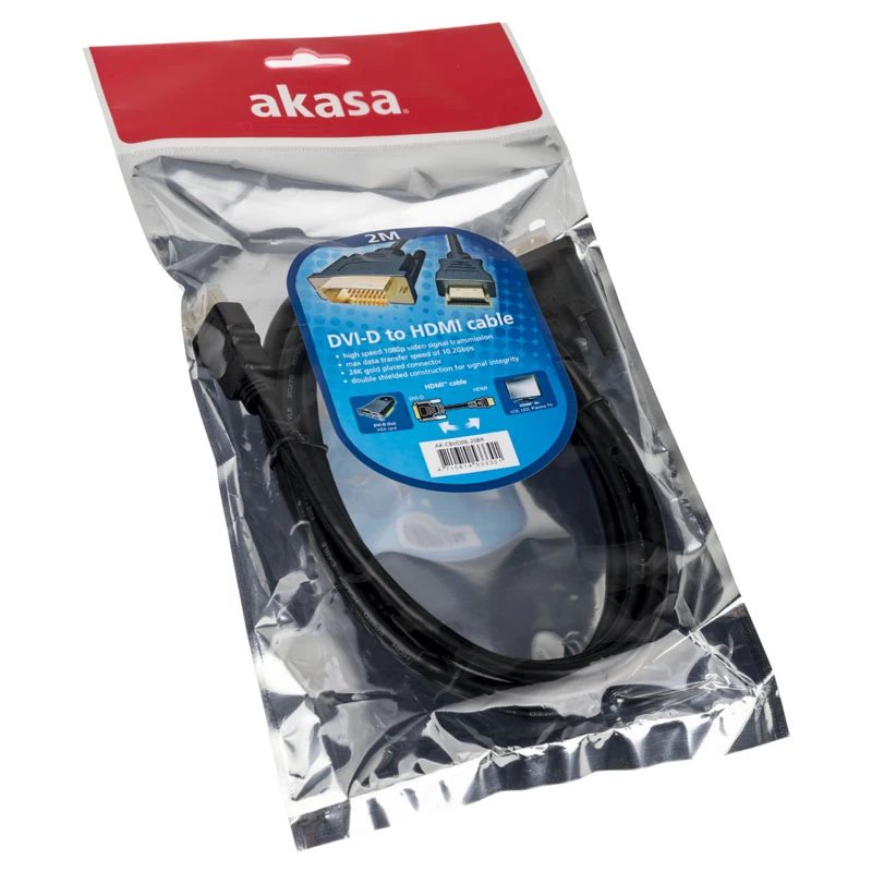 Adaptador de cabo de vídeo Akasa AK-CBHD06-20BK 2m DVI-D HDMI preto