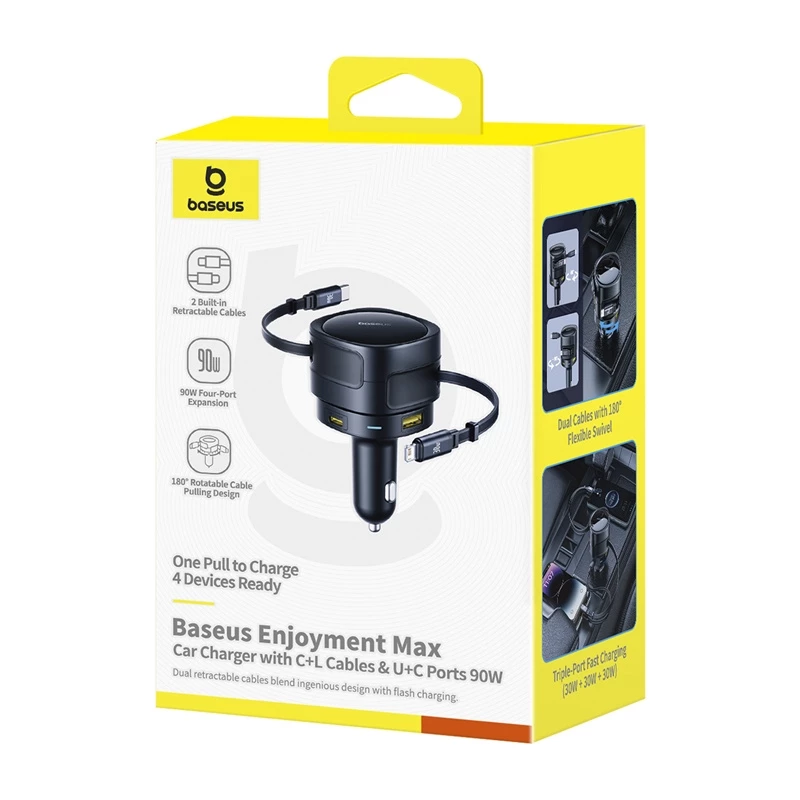 Carregador de automóvel Baseus Enjoyment Max 90W com conectores USB-C, Lightning e USB-A
