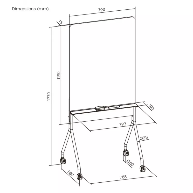 Quadro branco Ergo Office ER-305 — quadro branco magnético autónomo sobre rodas, aço, branco