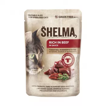 SHELMA com peru, pato, frango e vaca em molho - alimento húmido para gatos - 12x85g