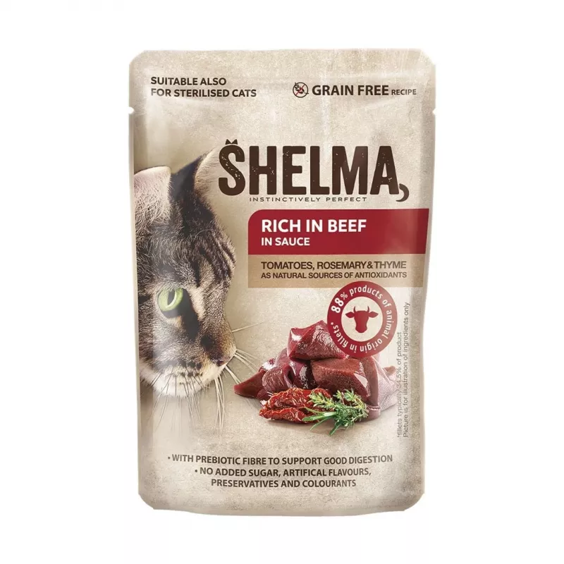 SHELMA com peru, pato, frango e vaca em molho - alimento húmido para gatos - 12x85g