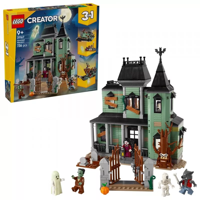 Brinquedo de construção LEGO Creator 3-in-1 modelo Casa Assombrada 31167 – 736 peças, 3 modelos, 5 minifiguras
