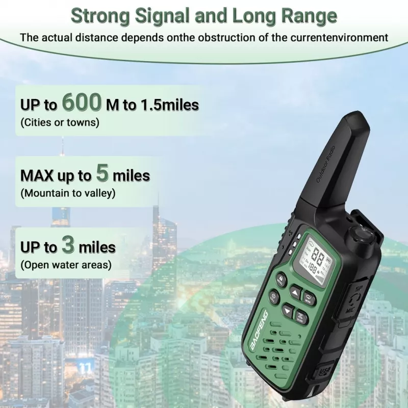 Rádio portátil Baofeng BF-T25E — 16 canais, 2×1400 mAh Li‑Ion, VOX, LCD, verde, conjunto de 2