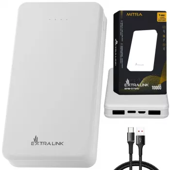 Powerbank Extralink EPB-078W 10000 mAh branco, USB-C, saída 10 W, carrega até 2 dispositivos