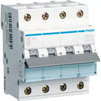 Hager MBN632. Corrente nominal: 32 A. Tipo: característica B, número de módulos (máx.): 4 módulos. Largura: 70 mm, profundidade: 70 mm, altura: 83 mm (MBN632)