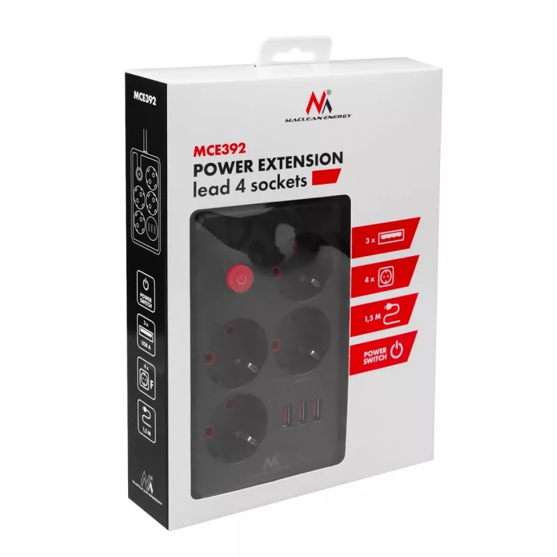 Extensão elétrica MACLEAN MCE392 B — 4 tomadas, 3×USB, 110–240V, 2,1A, 2500W, cabo de 1,5 m, preto