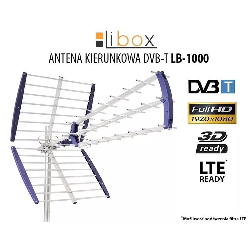 Antena de TV interior/exterior LIBOX LB-1000, direcional DVB-T/T2, ganho 16,5 dBi, 600×1050×800 mm, alumínio