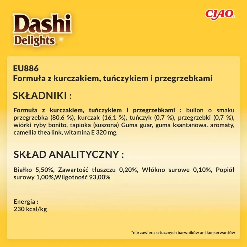 Snack húmido para gatos INABA Dashi Delights – frango com atum e vieira, 40 g saqueta, 93 % de humidade, 5,5 % de proteína