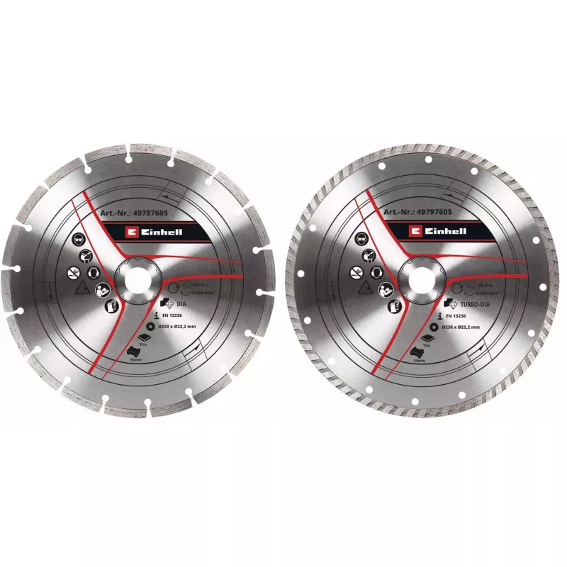 Conjunto de discos de corte diamantados para rebarbadora EINHELL 230×22,23×1,8 mm, coroa turbo, 2 unidades