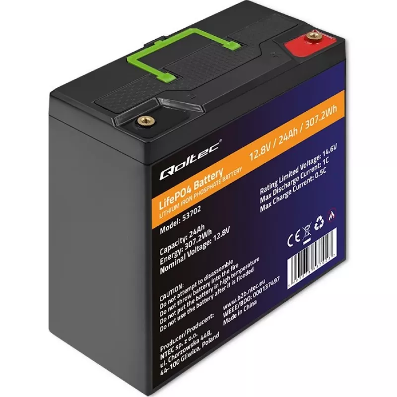 Bateria de lítio-ferro-fosfato LiFePO4 Qoltec 53702 | 12,8V | 24Ah | 307,2Wh | BMS