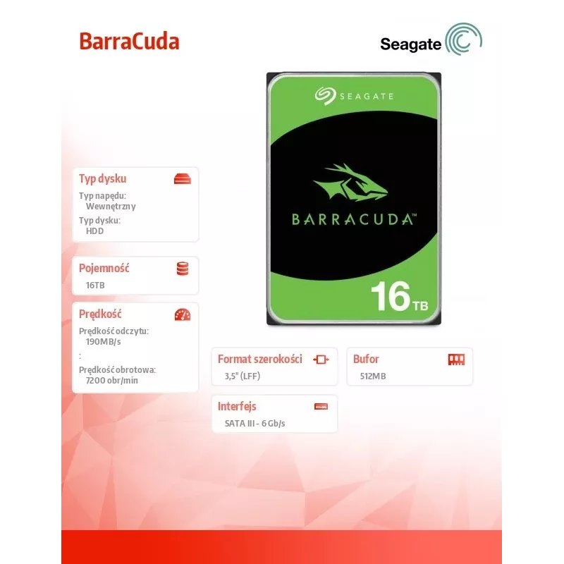 Seagate Barracuda 16TB disco interno 7200 RPM 512 MB 3,5 polegadas Serial ATA