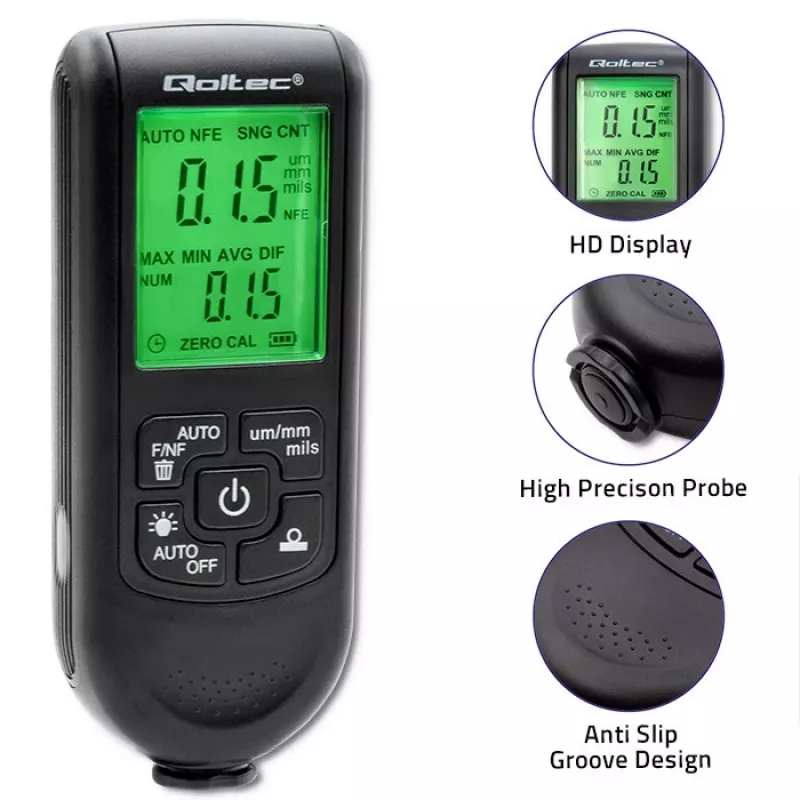 Medidor de espessura de verniz Qoltec com visor LCD | 0~2000 µm