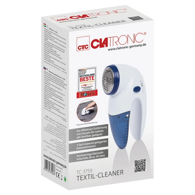 Aparador de pelos CLATRONIC TC 3759 – a pilhas 2×AA, lâmina e folha de aço inoxidável Ø45 mm, azul/branco