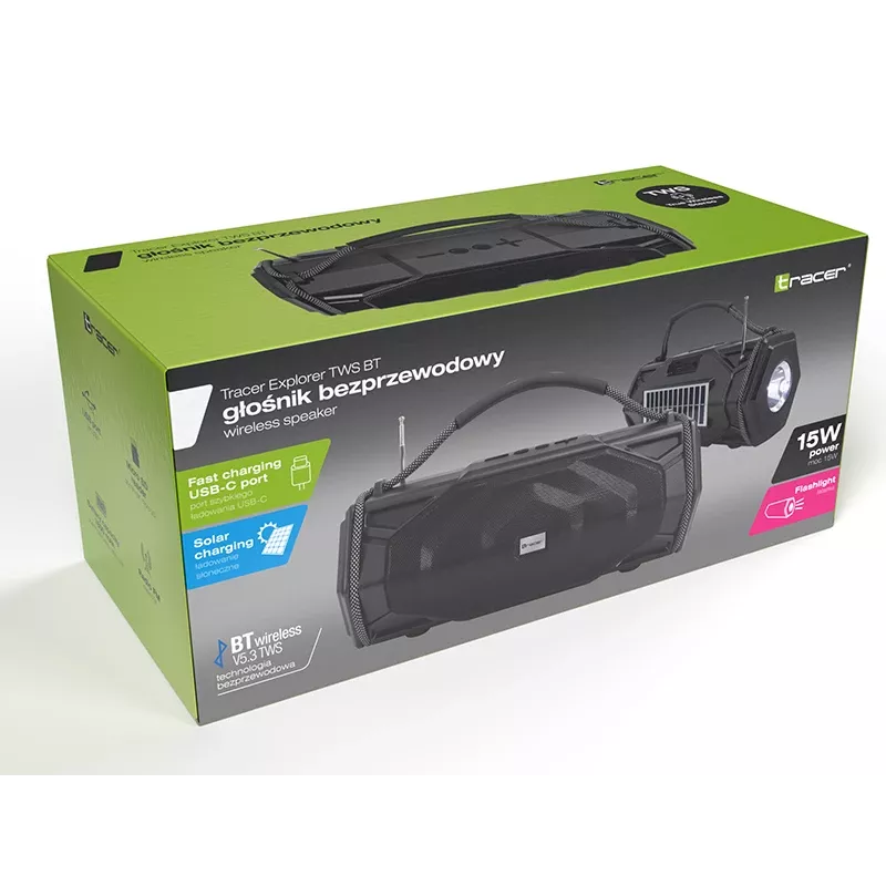 Tracer Explorer TRAGLO47616 coluna Bluetooth portátil, TWS, Bluetooth 5.3, 15 W RMS, rádio FM, lanterna, painel solar, powerbank de 1800 mAh, microSD, preta