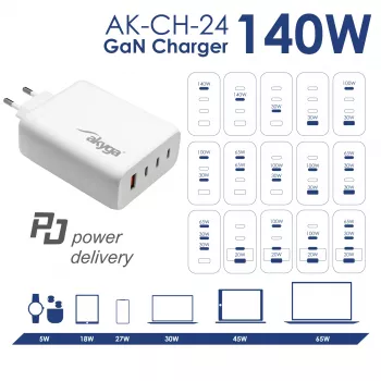 Carregador USB GaN Akyga AK-CH-24 140 W, 3 x USB-C PD + USB-A, branco