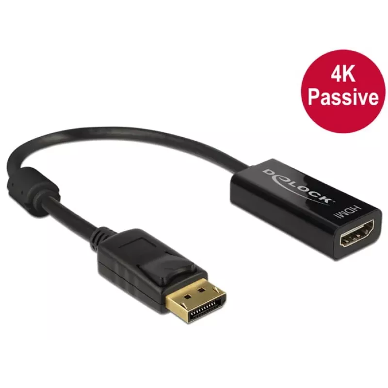 DeLOCK - Adaptador de vídeo/áudio - DisplayPort / HDMI - DisplayPort (macho) - HDMI, 19 pinos (fêmea) - 20 cm - (DisplayPort 1.2) - Preto (62609)