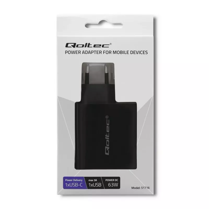 Qoltec 51716 carregador de parede 63 W, USB-C PD + USB QC 3.0, 5-20 V 1,5-3 A, preto