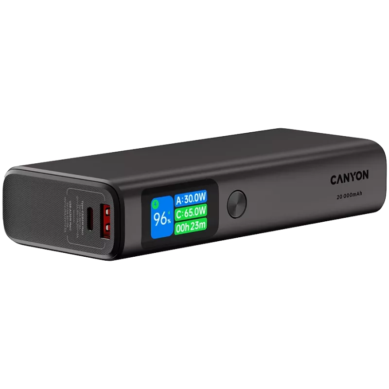 Canyon OnPower 230 TFT bateria externa, 20000 mAh, PD 130 W, 2x USB-C + USB-A, caixa metálica, cinzento escuro