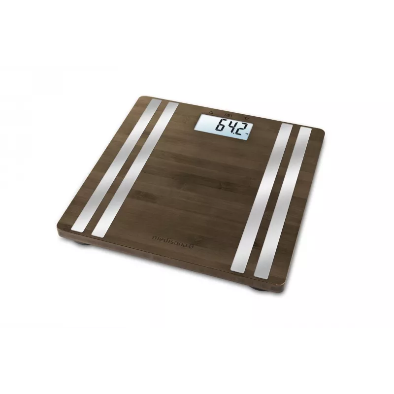 Balança de pessoa eletrónica Medisana BS 552 — cor prateada com superfície de bambu, máx. 180 kg, precisão de 100 g, Bluetooth, IMC, composição corporal
