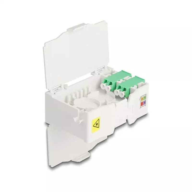 Delock 88098 Caixa de ligação de fibra ótica para calha DIN com suporte de emendas, 4x LC Duplex