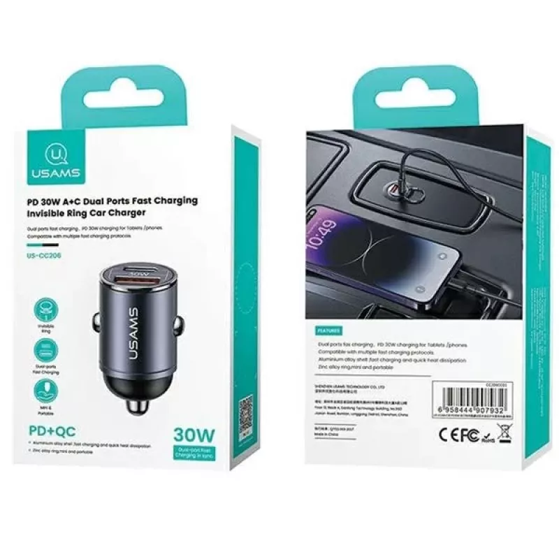 Carregador de automóvel usams C38 30W — 1x USB-A + 1x USB-C carregamento rápido