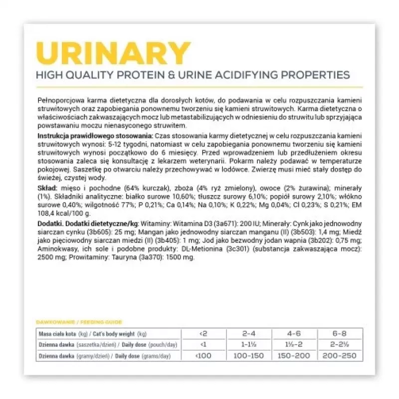 Dieta veterinária húmida para gatos VETEXPERT Urinary, aves, saco 100 g, adulto, sem açúcar e sem conservantes