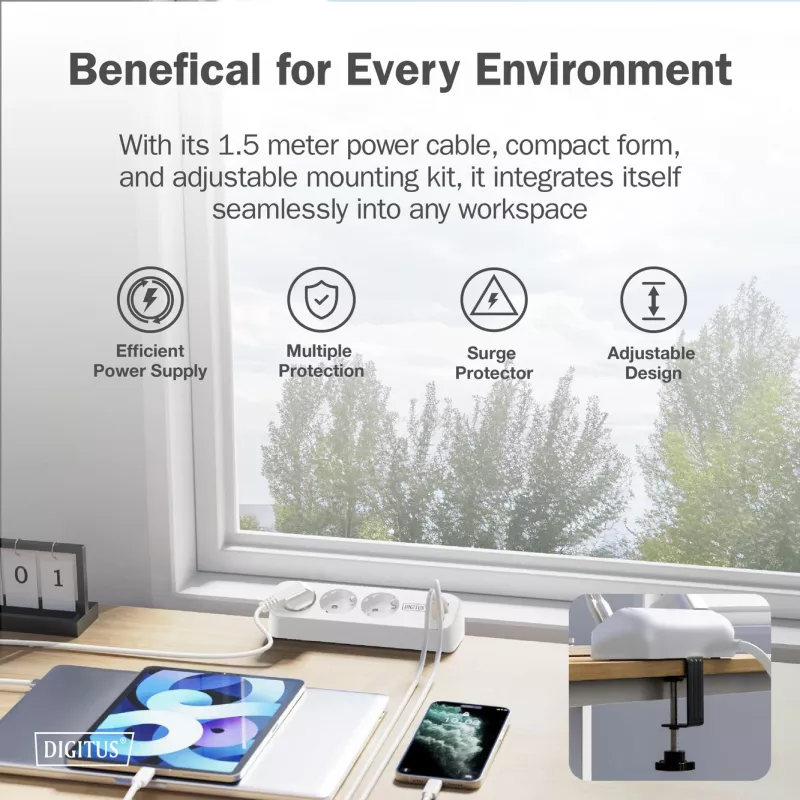 Extensão elétrica DIGITUS 3 tomadas com 2×USB-A e 1×USB-C, 3 tomadas AC tipo E/F, cabo de 1,5 m, branco