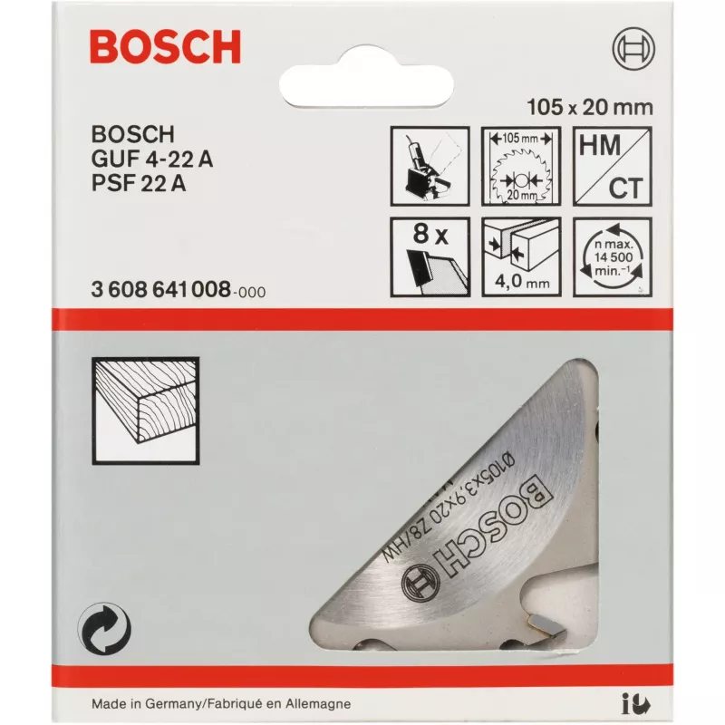 Bosch 3608641008 fresa de ranhuras, 105 x 20 mm, 8 dentes, para GUF 4-22 A e PSF 22 A