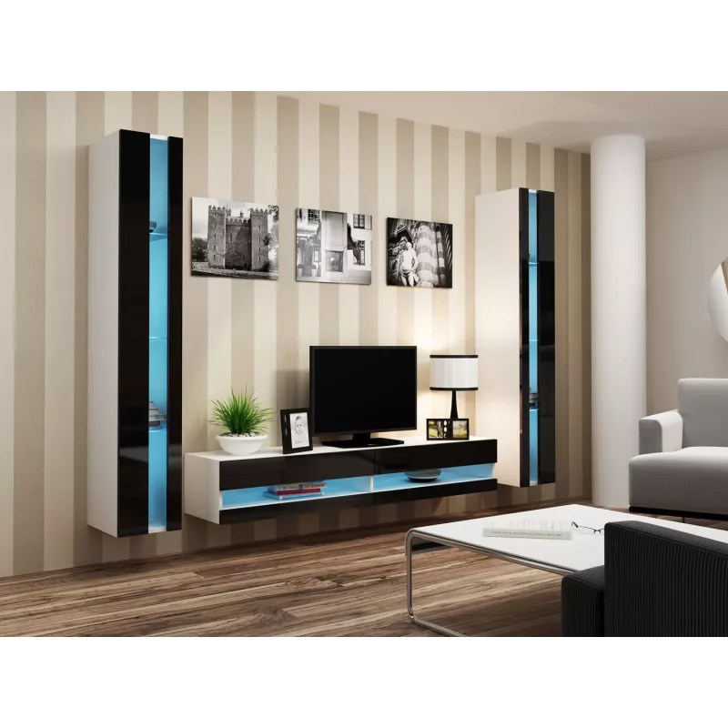 Suporte de TV Cama Meble VIGO NEW 30/180/40, tampo branco, estrutura preta brilhante, 1800×400×300 mm