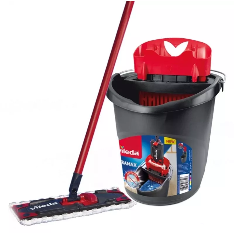 Esfregona VILEDA Ultramax BOX 177453 com cabeça de microfibra recarregável, balde com espremedor, 3 panos laváveis, preto