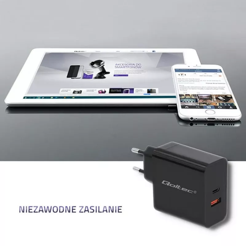 Qoltec 51716 carregador de parede 63 W, USB-C PD + USB QC 3.0, 5-20 V 1,5-3 A, preto