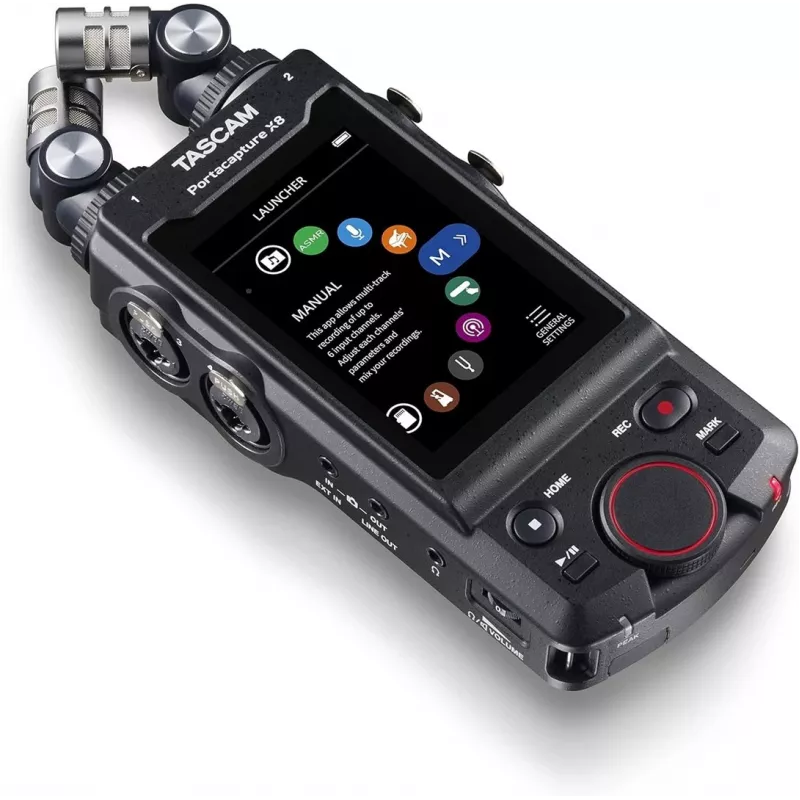 Gravador de áudio multipista portátil Tascam Portacapture X8 — 6 canais, 24/32 bits, até 96 kHz, 4 entradas combo XLR/TRS, cartão SD, USB-C, pilha ou fonte de alimentação