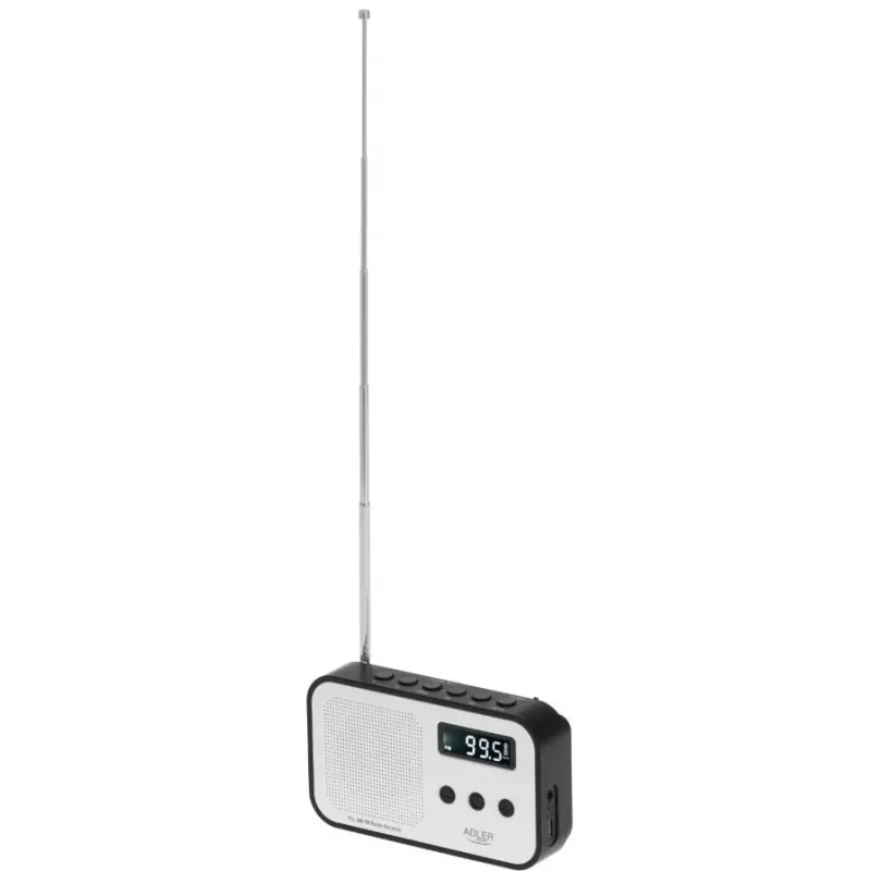 Adler AD 1907 rádio digital PLL, AM/FM, 40 estações pré-definidas, alarme com soneca, USB-C, bateria recarregável integrada, ficha de 3,5 mm, branco/preto