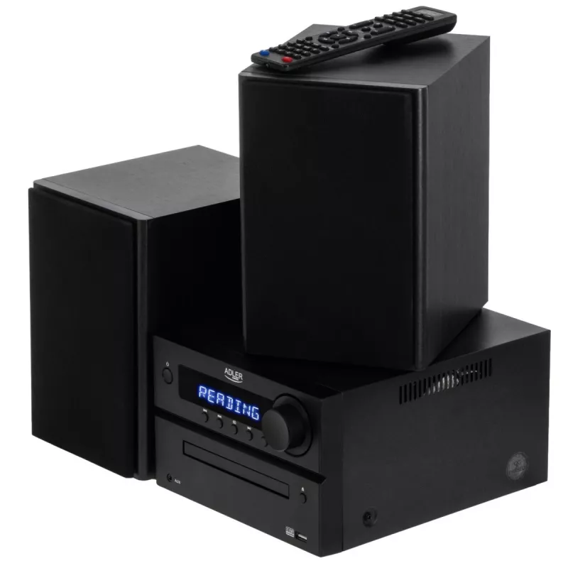 Mini sistema de alta fidelidade estéreo Adler AD 1917 — Bluetooth V5.3, CD/USB/MP3, 2×25 W RMS, sintonizador FM, equalizador de 4 bandas, AUX, preto