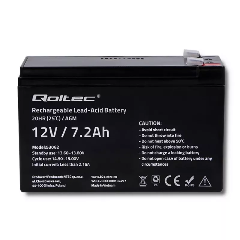 Bateria AGM Qoltec 53062 | 12V | 7,2 Ah | máx. 108A