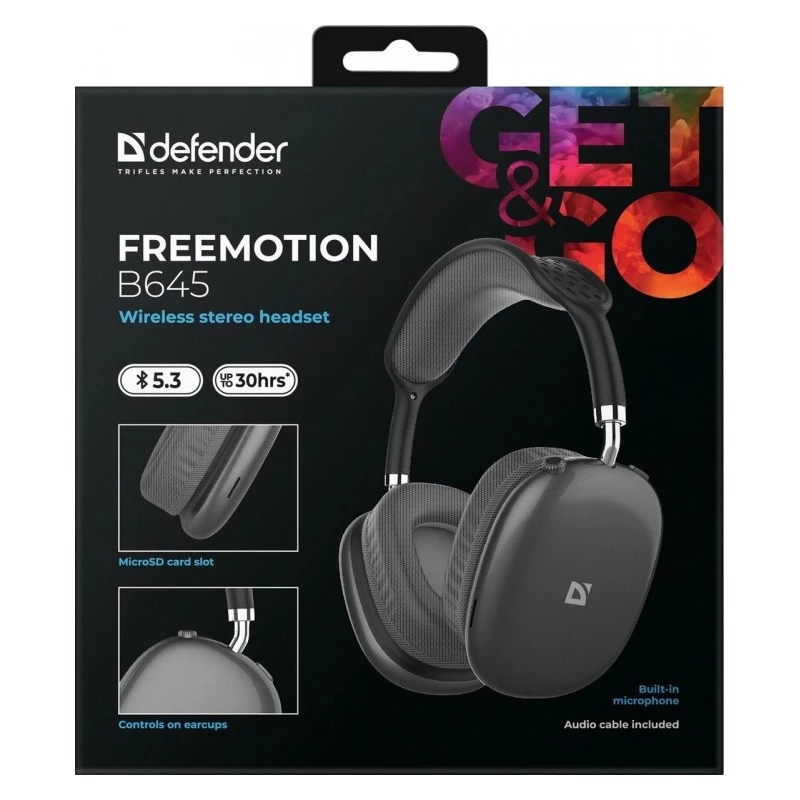 Defender FreeMotion B645 auscultadores Bluetooth on-ear, Bluetooth 5.3, USB-C, jack de 3,5 mm, microfone integrado, 20–20000 Hz, 105 dB, pretos