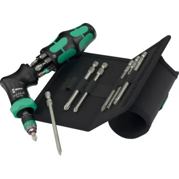 Chave de fendas de roquete Wera Kraftform Kompakt Pistol RA‑R 2 com 13 bits, design compacto de punho de pistola com roquete