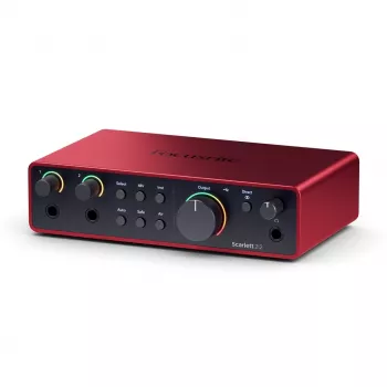 Interface de áudio Focusrite Scarlett 2i2 4th Gen — 2-In/2-Out USB-C, 24-Bit/192 kHz, pré-amplificador 69 dB, desktop, preto/vermelho