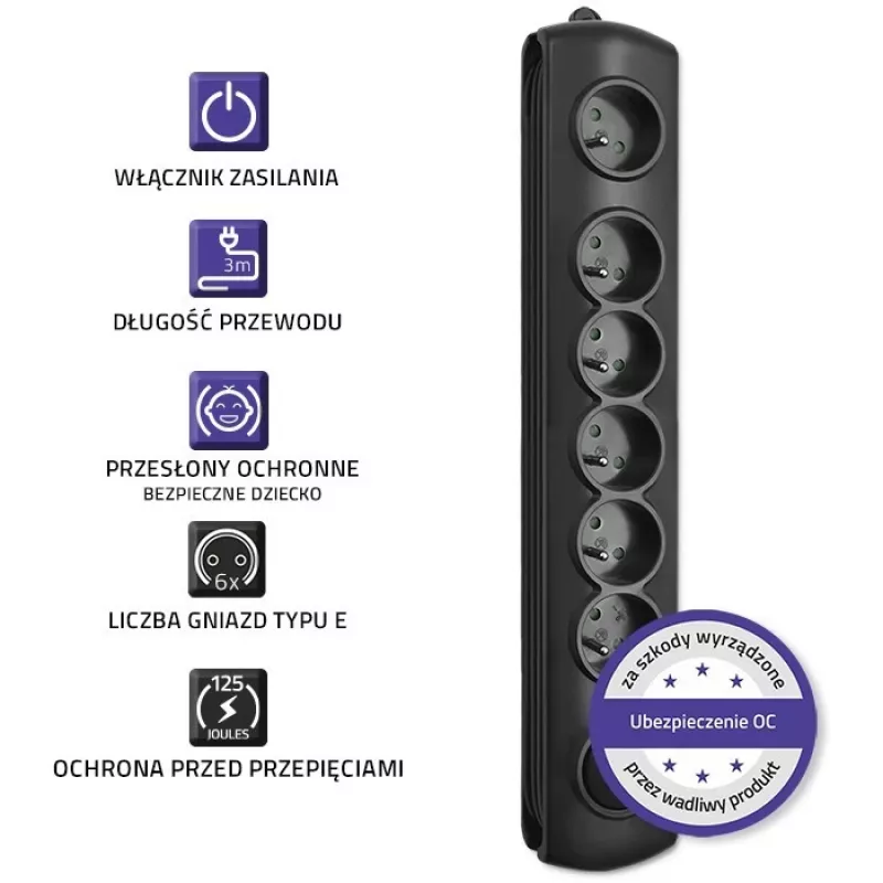Proteção contra sobretensões Qoltec 50112 preto 6 tomadas AC 230V 3m