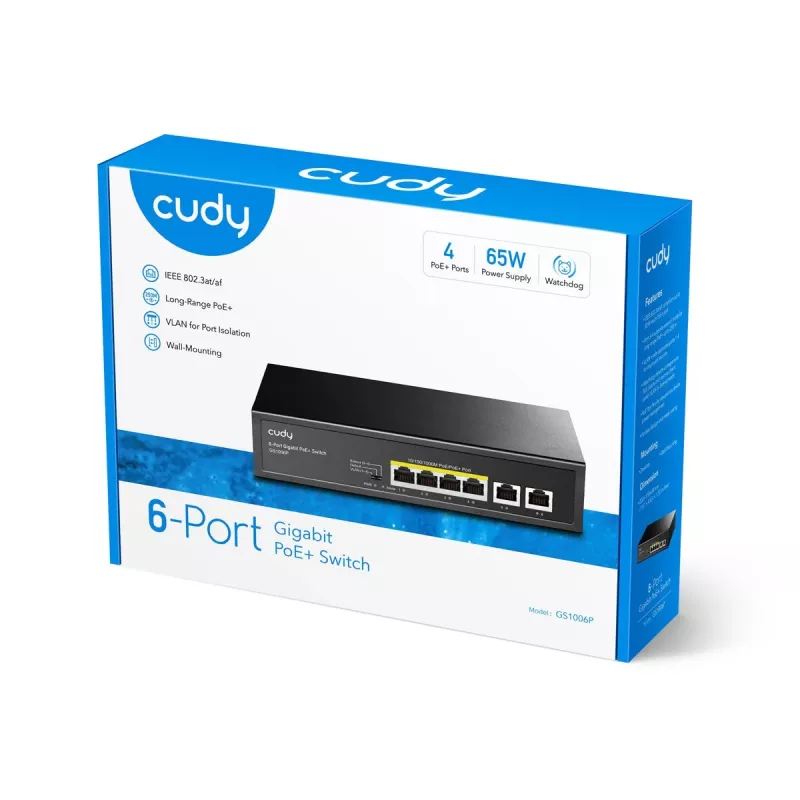 Switch de rede Cudy GS1006P unmanaged Gigabit Ethernet 6 portas PoE, 12 Gbit/s, 2048 MAC, preto