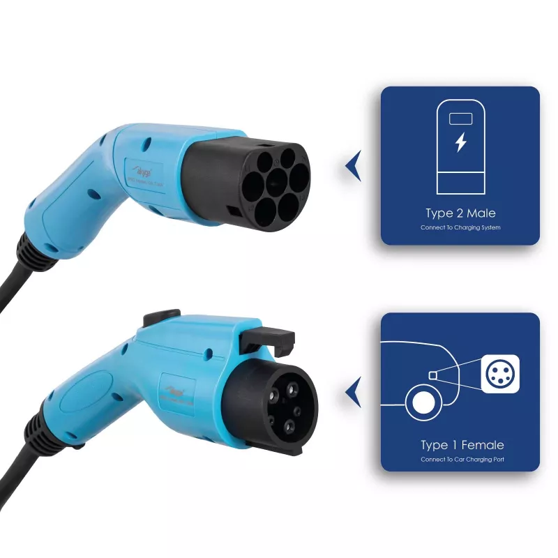 Cabo de carregamento EV Akyga AK-EC-08 Type 2 para Type 1, monofásico, 32 A, 7,2 kW, 6 m