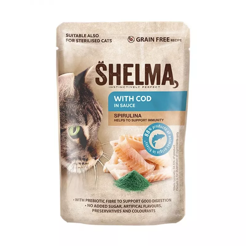 Alimento húmido para gatos SHELMA saquetas com salmão, bacalhau, frango e vaca em molho 12×85 g, gatos adultos, alimento completo