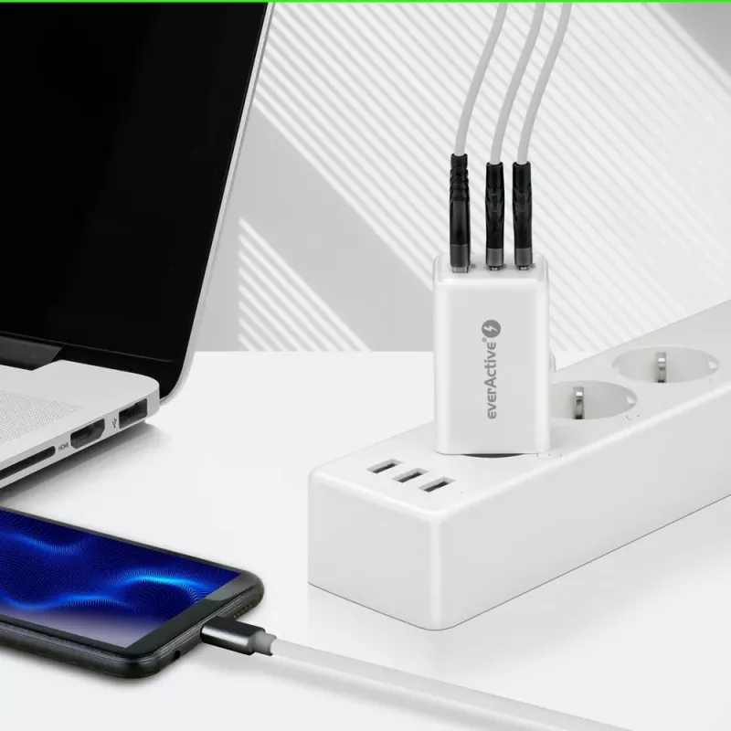 Carregador everActive SQ-655Q 65W, 1×USB-A + 2×USB-C carregamento rápido