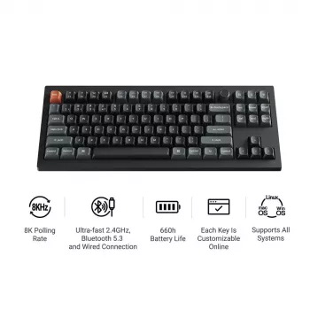 Teclado mecânico Keychron V3 Ultra 8K — com fios e Bluetooth, layout QWERTY, RGB LED, preto