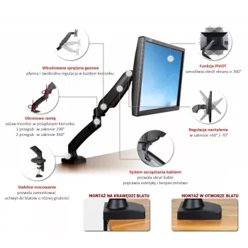 Suporte de secretária ART com mola a gás para 1 monitor