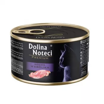 Comida húmida para gatos Dolina Noteci Premium rico em Coelho 185 g — alimento completo para gatos adultos, proteína 10%, gordura 6%, humidade 80%