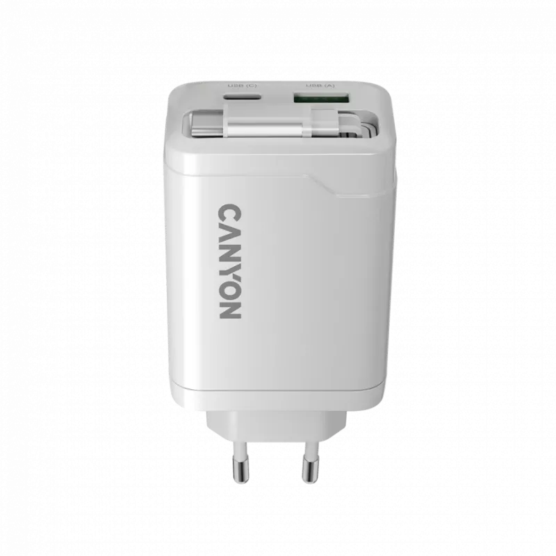 Carregador CANYON OnCharge 65RC com cabo USB-C integrado 65W, 1x PD, 1x QC, ficha EU, branco
