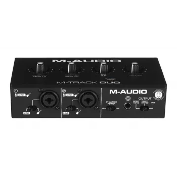 Interface de áudio M-Audio M-Track Duo — USB 2-in/2-out, 16-bit/48 kHz, 1x XLR/TS combo, 1x entrada de instrumento, alimentação fantasma 48V