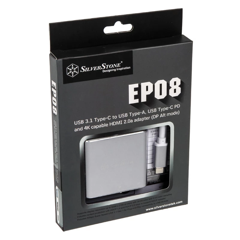 SilverStone SST-EP08C - Adaptador USB 3.1 Type-C para HDMI/USB Type C/USB Type A - Prateado